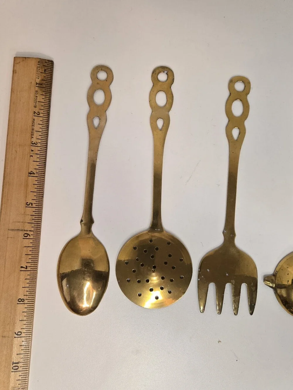 Vintage French Country Brass Kitchen Utensils, 4 Piece Set, Cut Out Handles